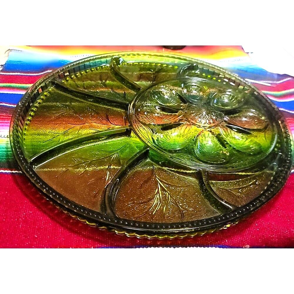 Indiana Green Glass Deviled Egg & Relish Dish‎ Serving Platter 13" Entertaining